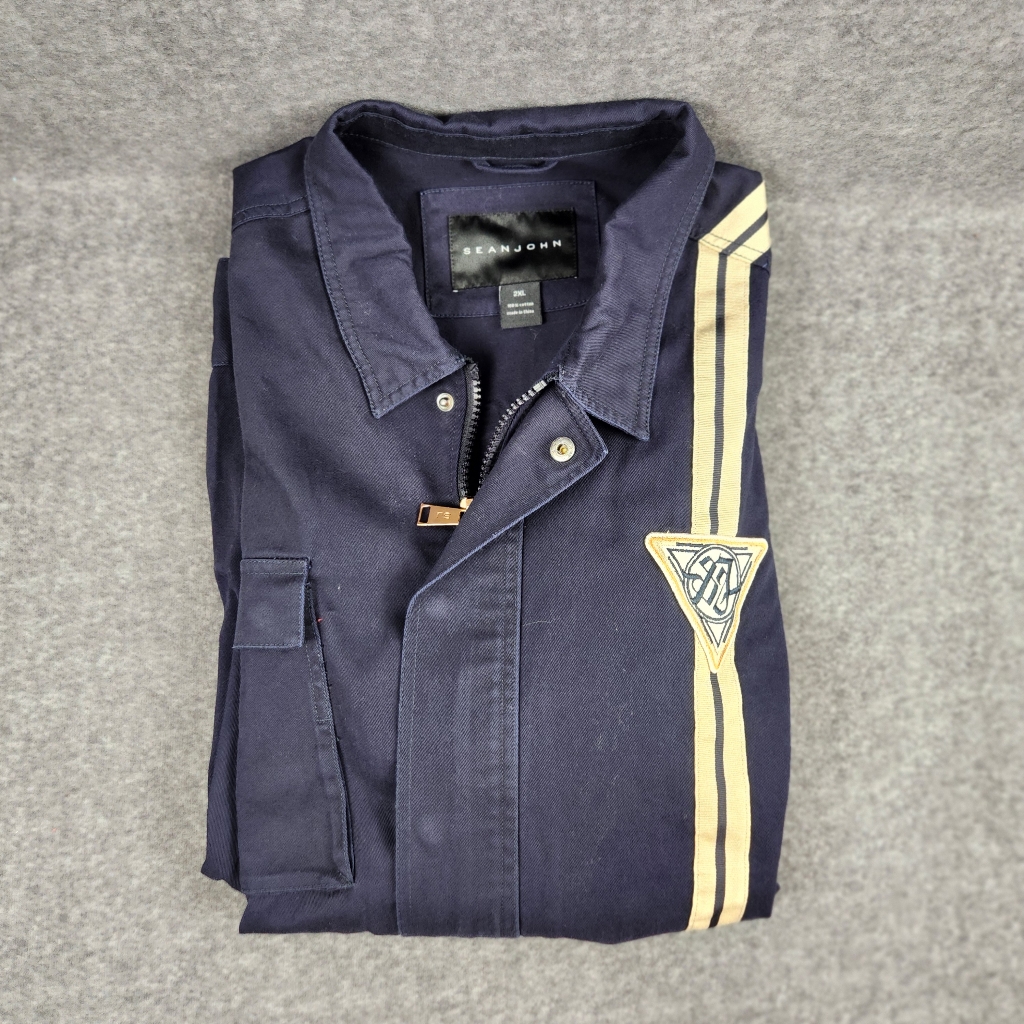 Sean John Military Patch Jacket Mens 2xl Navy Blue Full Zip Multi Pocket Cotton